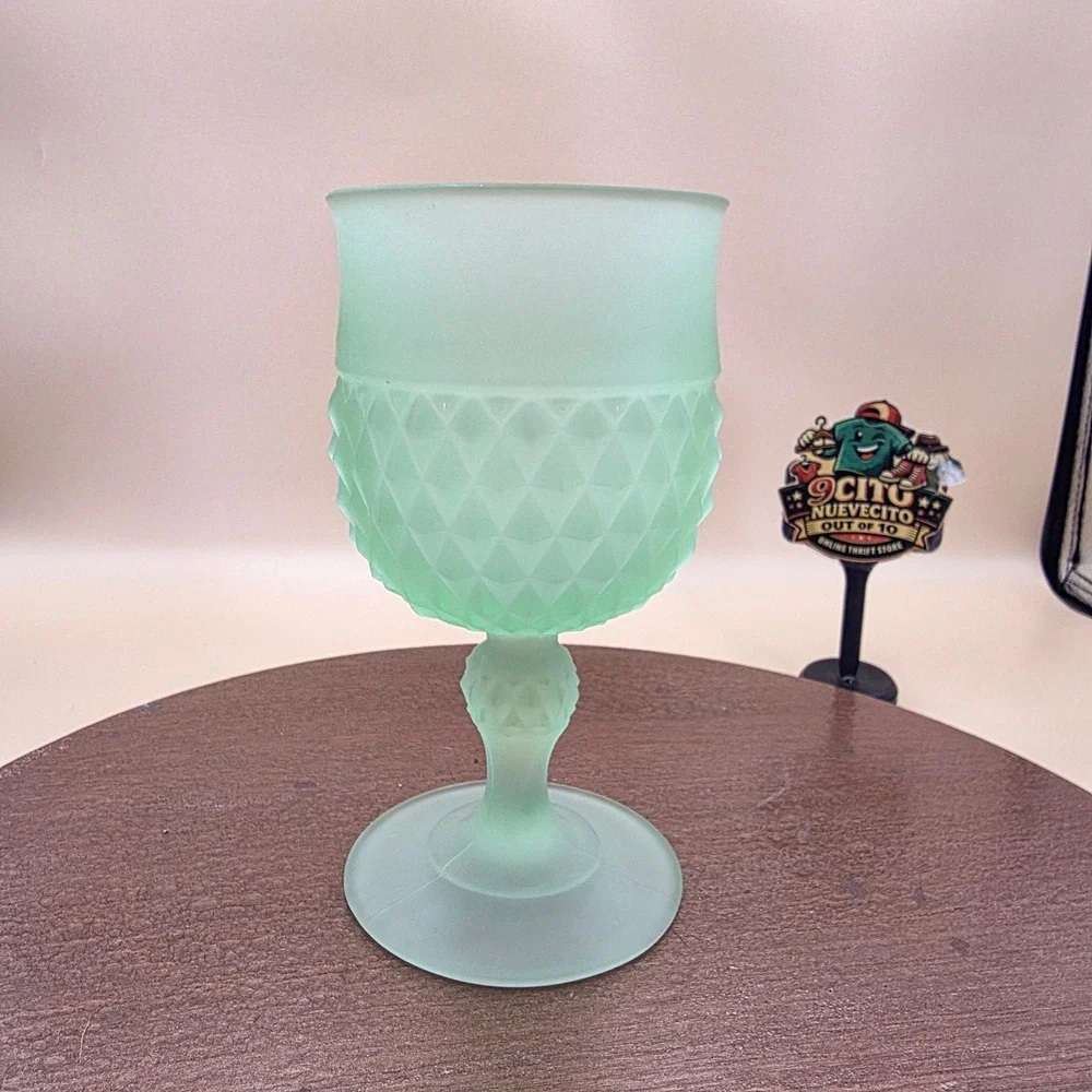 Vintage Frosted Green Uranium Glass Goblet Diamond Point Satin Glow Glassware